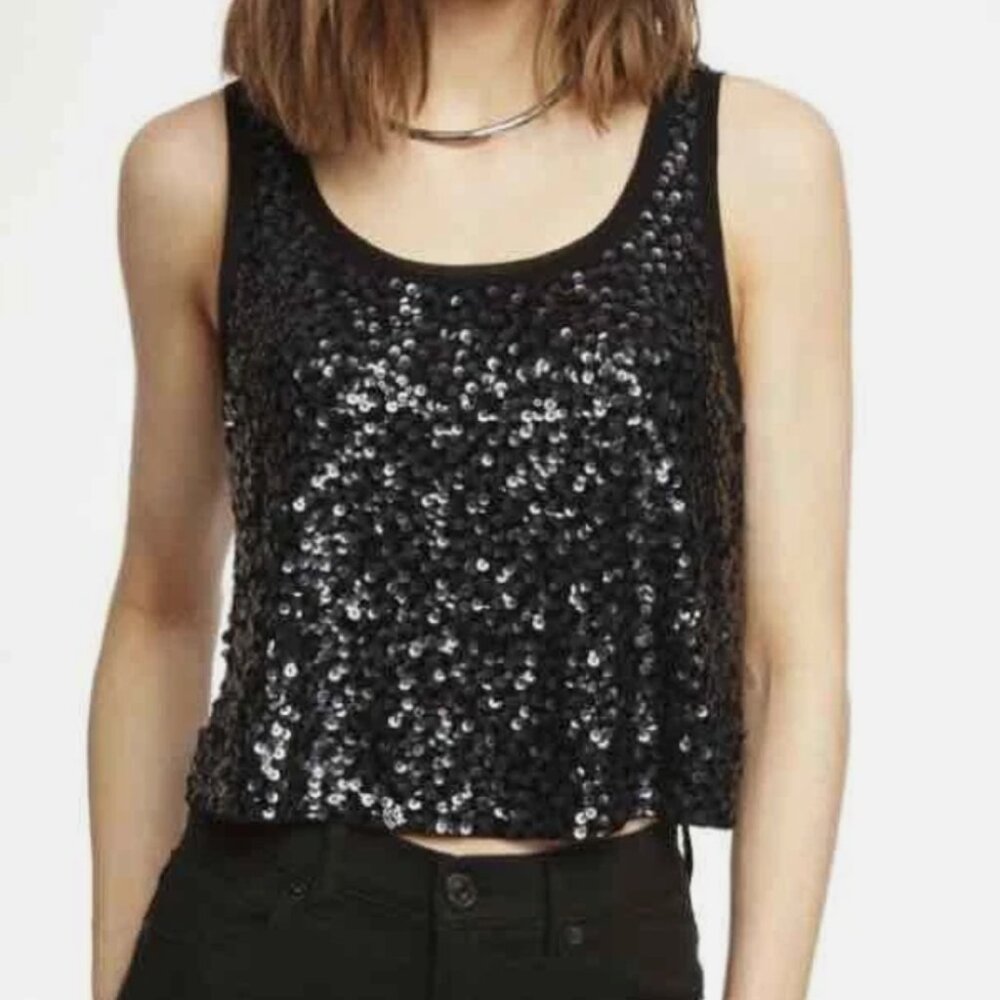 Express Y2K Oversized Black Sequins Crop Tank Top